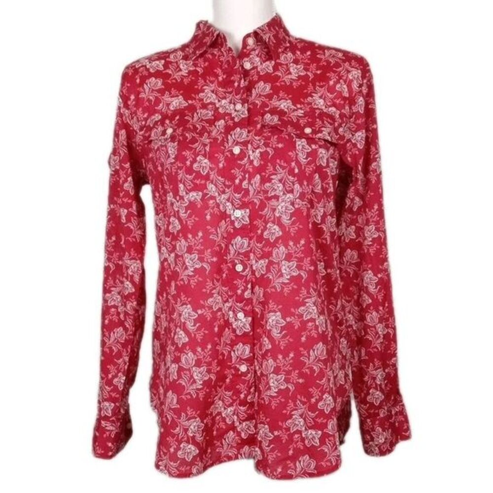 Lauren Ralph Lauren Dobby Cotton Button Up Floral Red Rust Sz M Classic Slim Fit